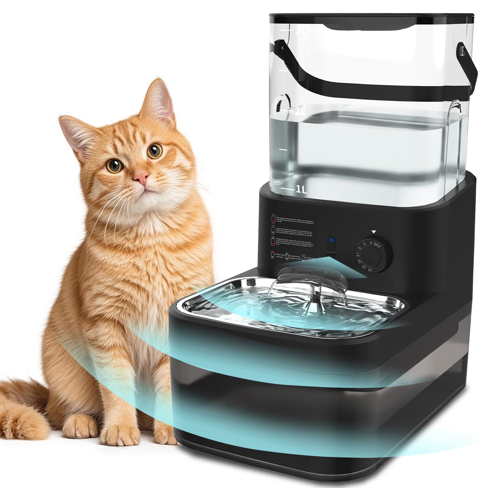 Filterless Cat Water Fountain 3L, Wireless Motion Sensor Cat Water Fountain with 4000mAh Battery, Stainless Steel Cat Bowls, Water Fountain Separate Tanks, Quiet – Black