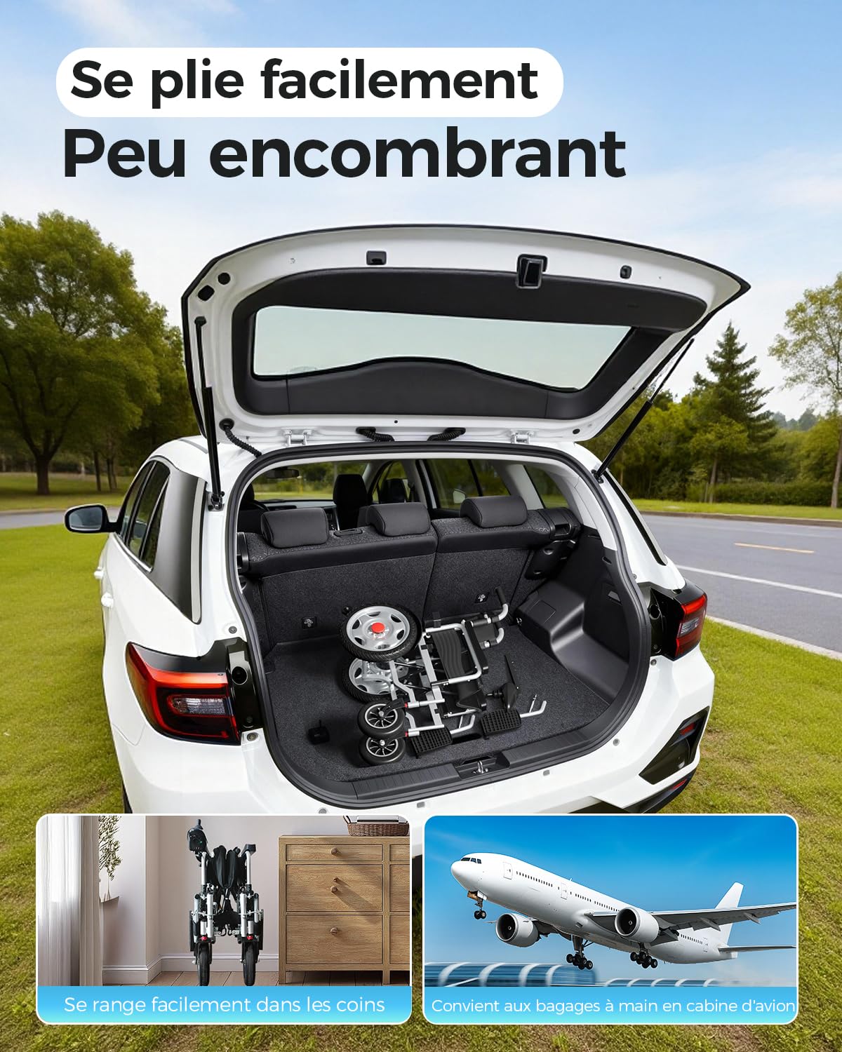 Fauteuil roulant electrique pliable adulte, assise 50 cm pour obèse, voyage | Grande taille, capacité de charge 182kg, large tout terrain scooter pour handicapé, autonomie de 25 km