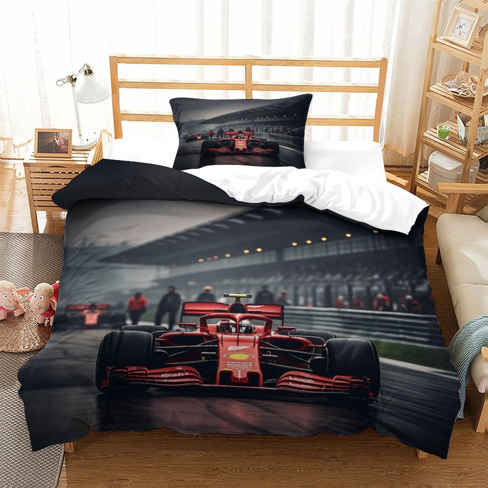 LILIlaobiao 3D Print Ferrariii Duvet Cover for Kids & Adults, Hypoallergenic Formula racing Bedding Set Microfiber Single（135x200cm） Comforter Cover, Skin-friendly Quilt Cover with Zipper