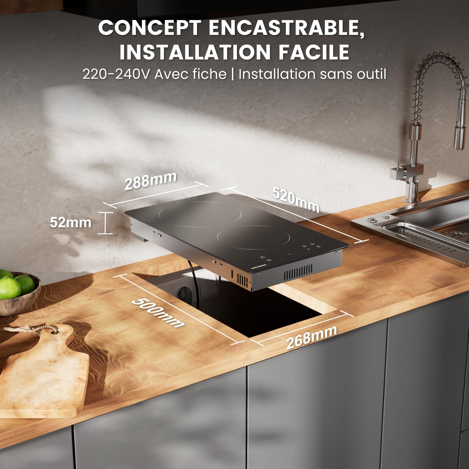 Plaque Vitrocéramique 2 Feux Encastrable 29cm 3000W Cuisson Electrique Commande Tactile Minuteur