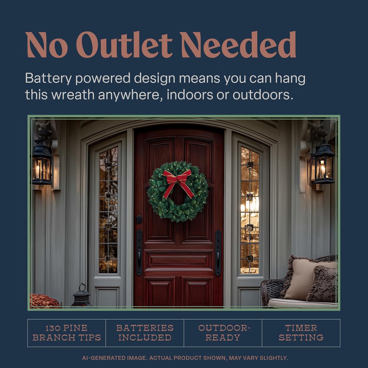 Flexible Flyer Battery Operated Wreath for Front Door. Pre-Lit Evergreen Xmas Lighted Holiday Christmas Outdoor Timer, 24", Red Ribbon Bow