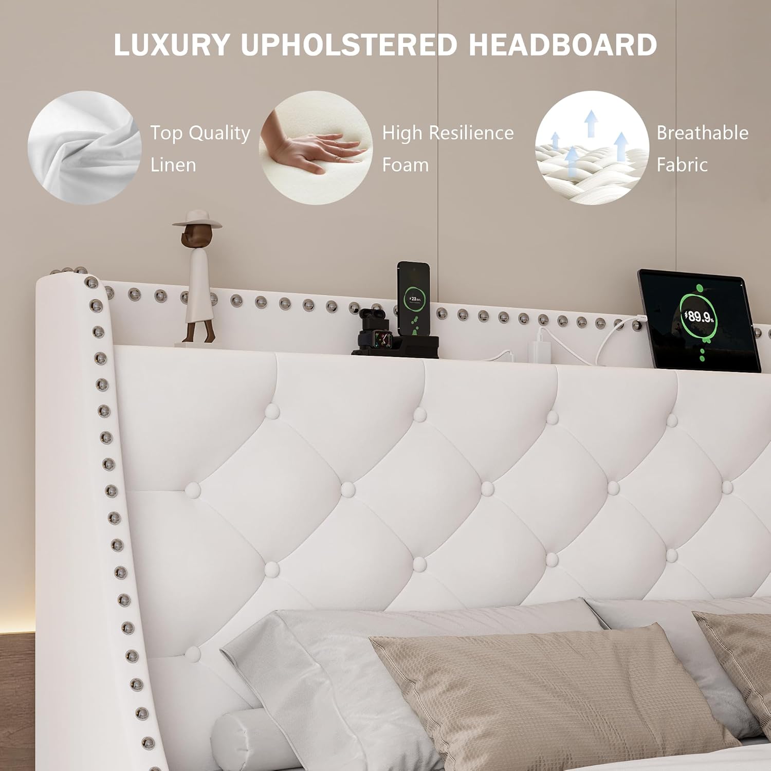 Close-up of the upholstered headboard, highlighting materials like linen, high resilience foam, and breathable fabric.