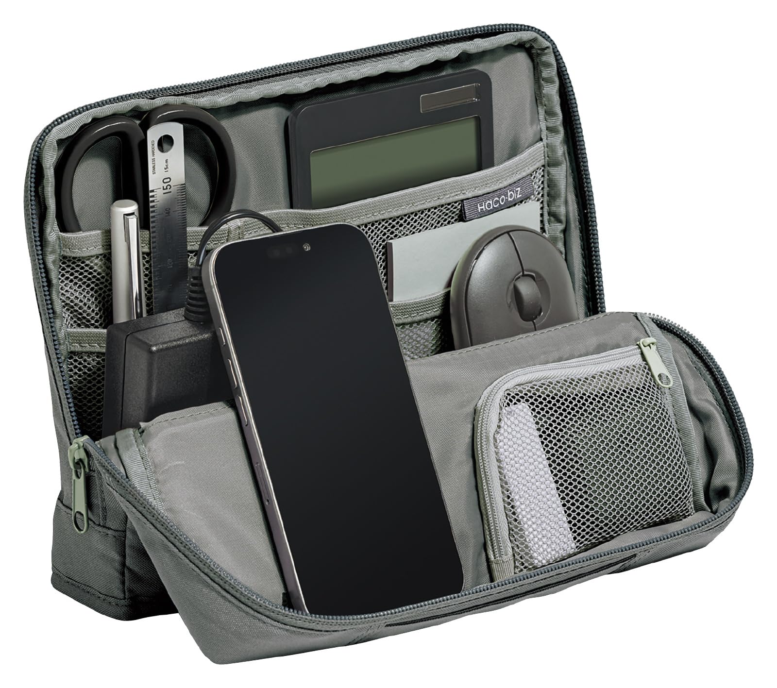 KOKUYO Pencil Case Pouch, Haco-Biz Standing Pen Pouch Bag, Foldable Stand up Pencil Holder Organizer, Large Capacity Portable Pencil Box for Office Supplies, Gray