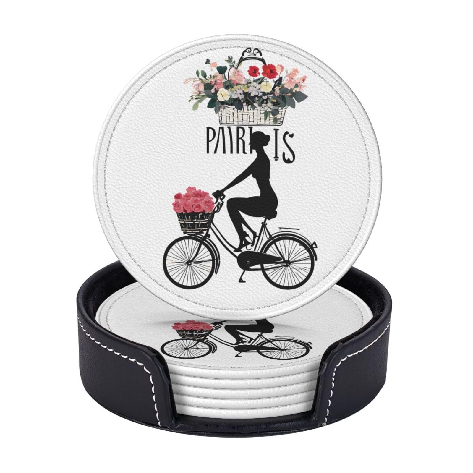 Coasters Set of 6 Microfiber PU leather Coasters with Holders for Drinks Coffee Bar Accessories, House Apartment Coffee Table Decor, Housewarming Gifts - Paris Eiffel Tower Girl Bicycle