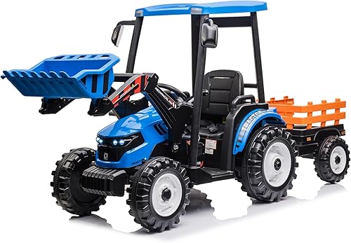 Miniatura 7 de Kidsera Tractor de paseo de 24 V con cargador frontal, excavadora de paseo con motores duales de 24 voltios, caja de 4 engranajes, marco de metal