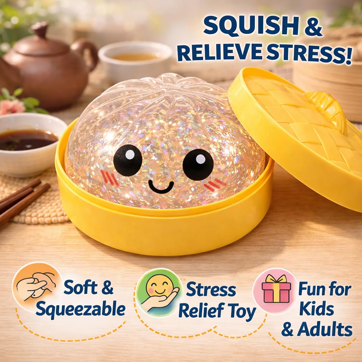 Dumpling Squishy, Dumplings Squishies, Glitter Dumpling Mystery Box, Colorful Dumplings Stress Balls Sensory Toy, Easter Basket Stuffers, Stocking Stuffers with Food Steamer Stretchy Desk Toys (White)