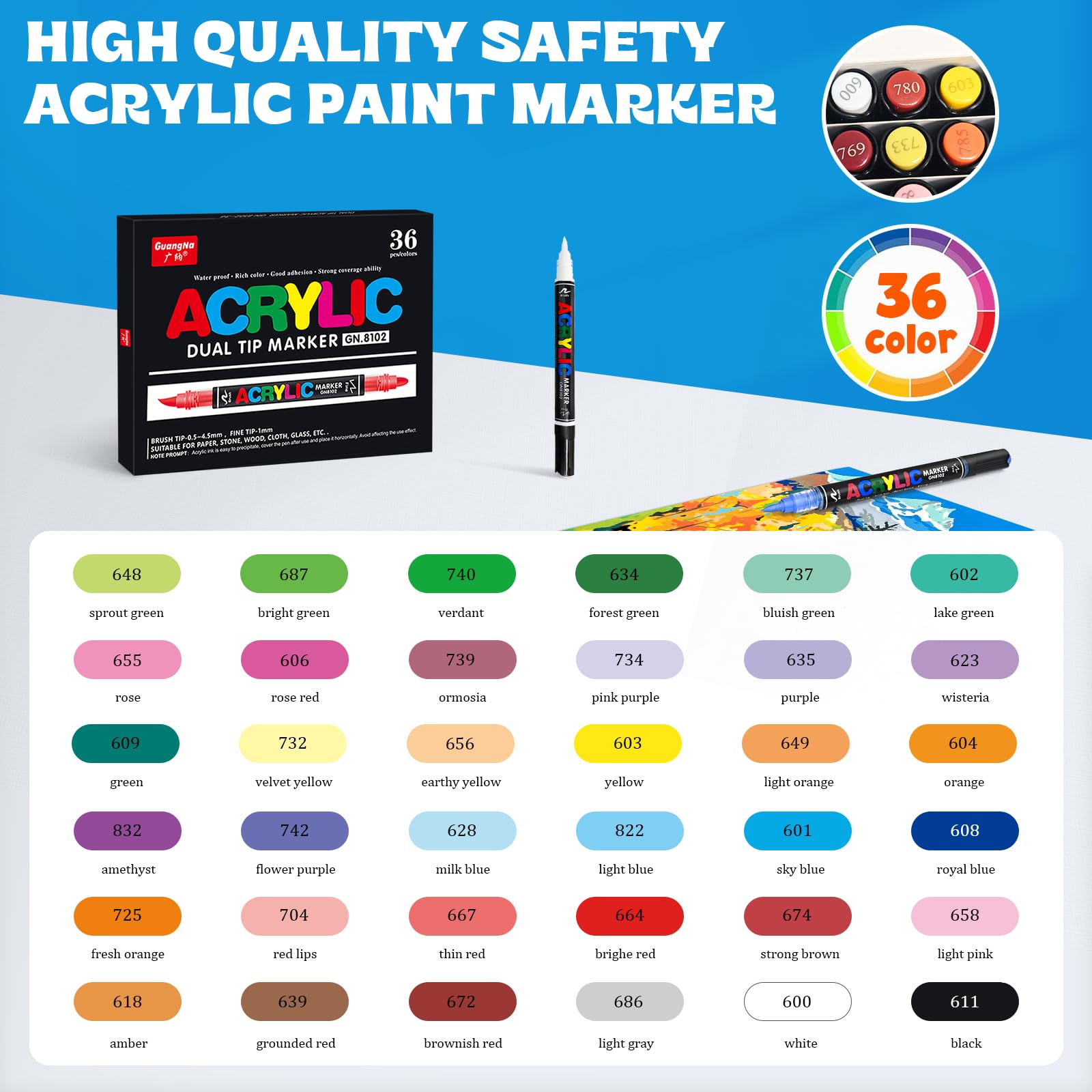 VAKKI Pennarelli Acrilici, 36 Colori Pennarelli Acrilici Doppia Punta 4.0g Acrylic Marker per Dipingere Sassi, Tessuti, Metallo, Vetro, Legno, Tela, Ceramica, Plastic, pennarelli per colorare adulti