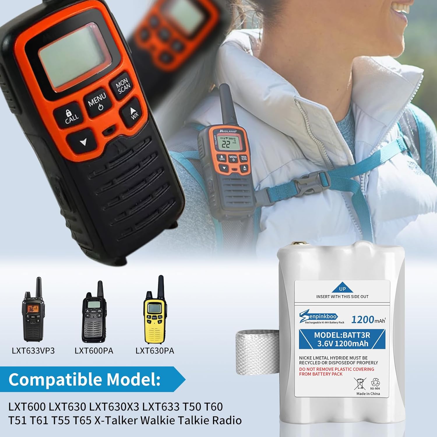 8-Pack BATT3R Battery AVP14 Replacement Upgraded 1200mAh for Midland BATT3R LXT600 LXT630 LXT630X3 LXT633 T50 T60 T51 T61 T55 T65 X-Talker Walkie-Talkie Radios Batteries 3.6V