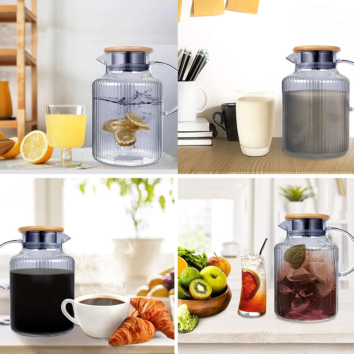 LUCKY-GO Glass Pitcher with Filter Lid, Spout and Handle, 61 Ounces Heat Resistant Borosilicate Glass Water Pitcher, Glass Carafe with Brush for Hot Cold Water, Milk, Iced Tea, Juice, Beverage, Gray
