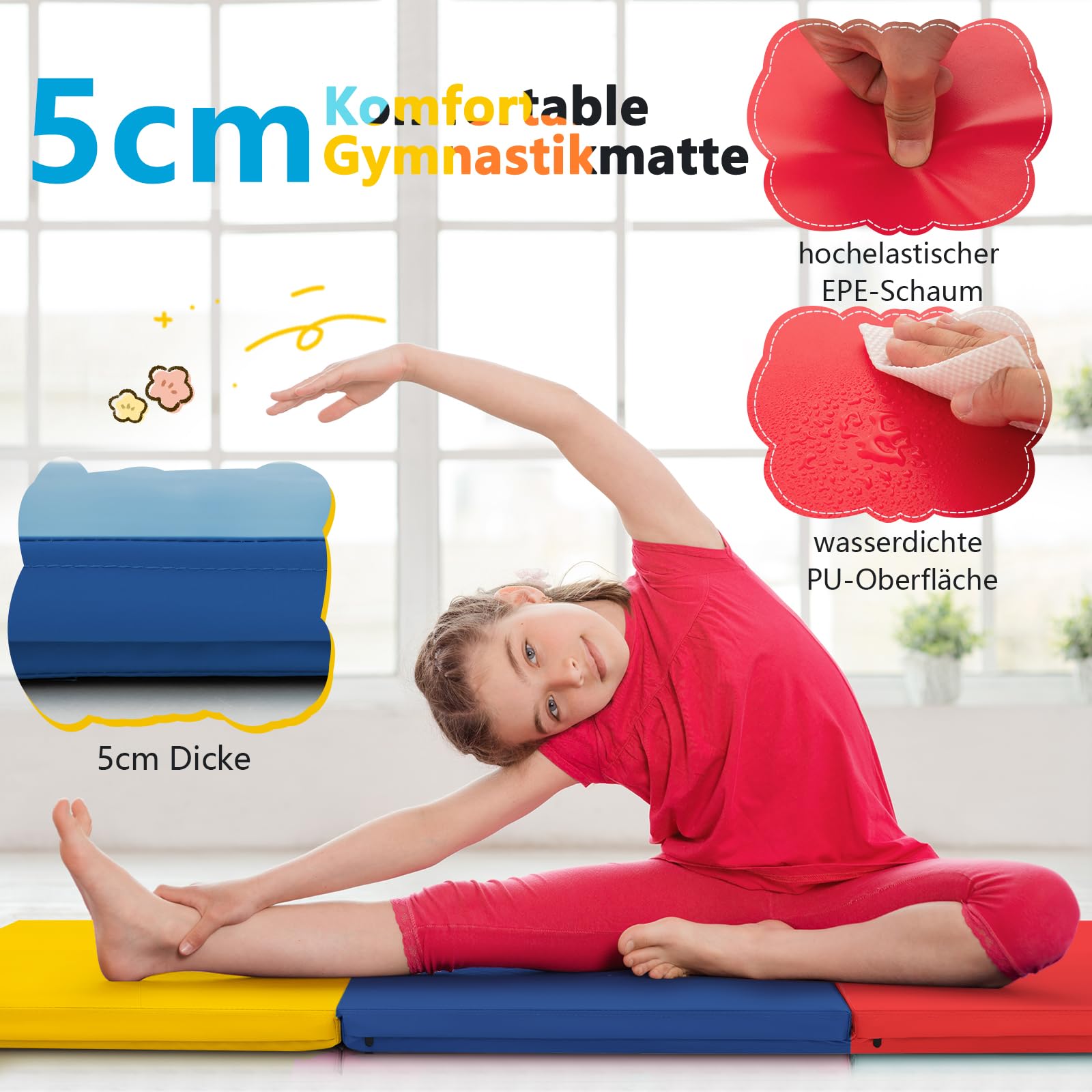 GOPLUS Weichbodenmatte, 180 x 60 x 5 cm Yogamatte rutschfest mit Klettverschlüssen & Tragegriffen, Gymnastikmatte klappbar aus Kunstleder, Turnmatte zum Trainieren von Gymnastik & Yoga