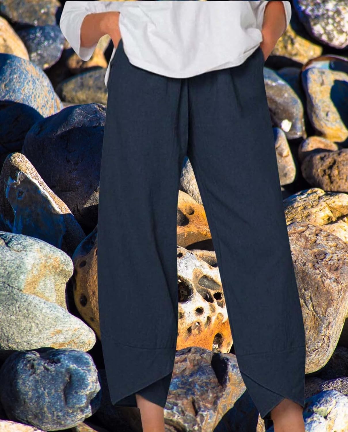 Boho Capri Pants for Women Summer High Elastic Waist Wide Leg Trousers Beach Vacation Fashion Pant with Pockets