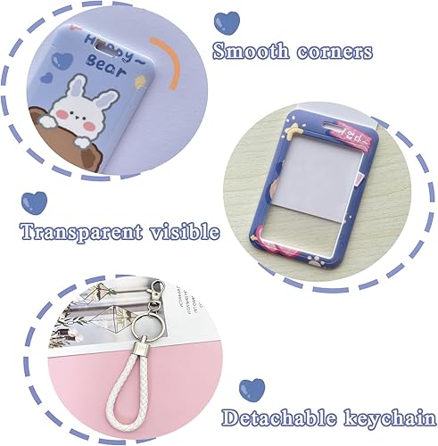 Miniatura 3 de 2 Pcs Kpop Photocard Holder Keychain With Cute Bear Bunny ID Badge Holder and Reel - Stationery for Back to School Student Bus Card Pendant (Blue)