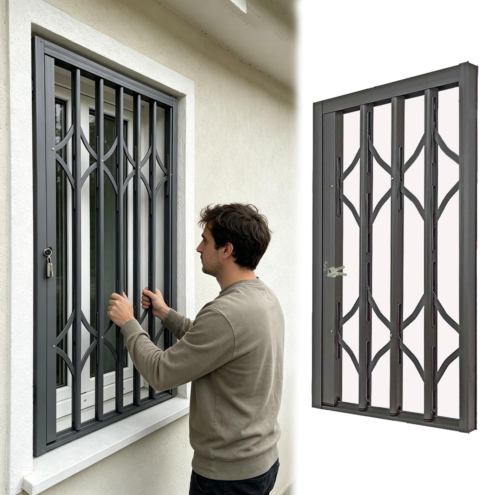 Heavy Duty Retractable Window Grilles with Security Lock, Anti-Tripping Silent Folding Safety Gate, Tall Burglar Bars for Window/Door(W60xH60cm/24x24in)