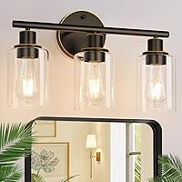 Vista 33 de Accesorios de iluminación de baño de 5 luces, luces de tocador modernas negras con pantalla de vidrio transparente, lámpara de pared de baño