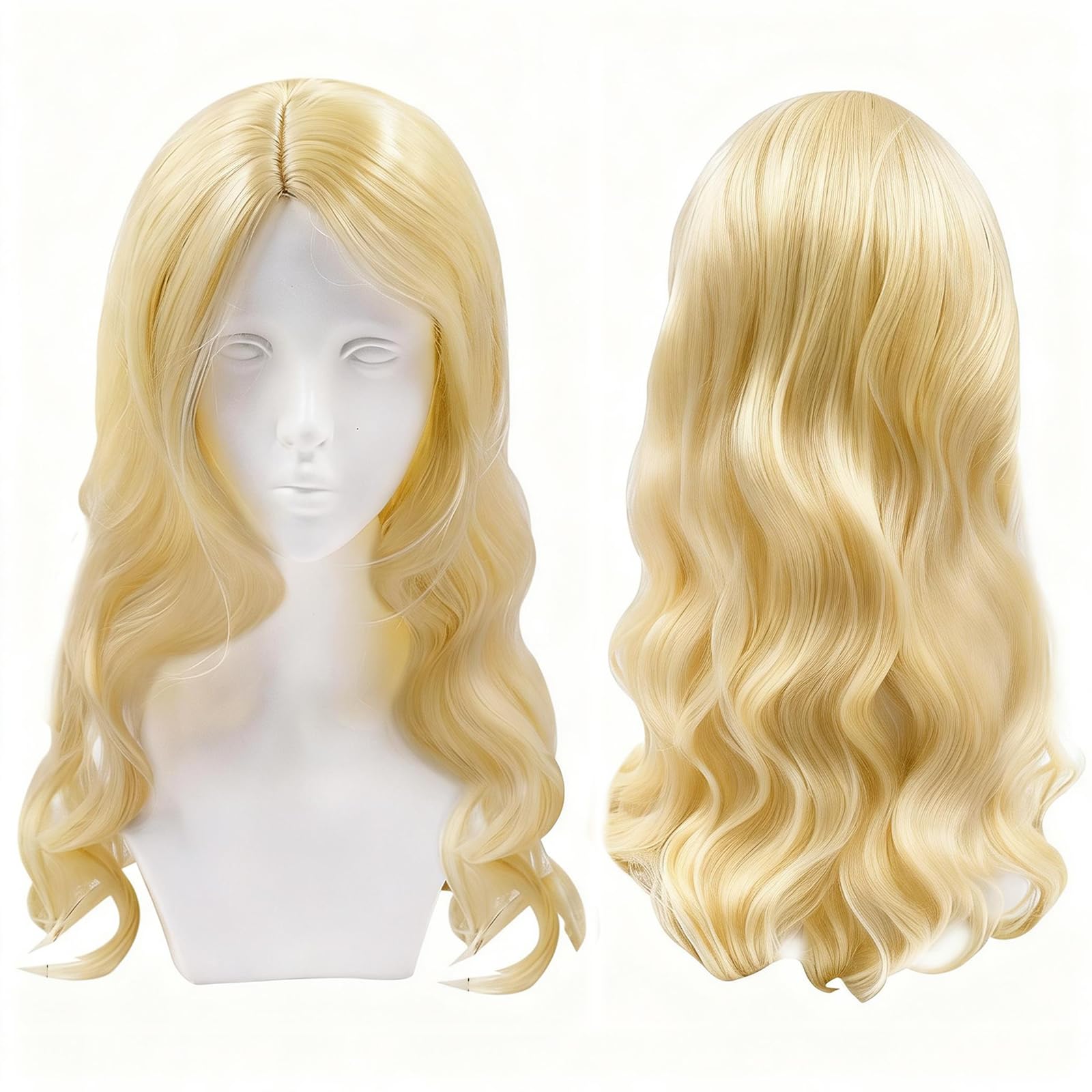 Blond peruka damska, długość 70 cm, kręcona peruka z naturalnie dociągniętą linią włosów, naturalny wygląd, włókna syntetyczne, odporne na wysokie temperatury, do cosplay, na co dzień, na