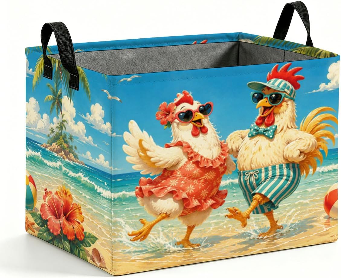 56L Storage Basket with Beach Chicken Print Foldable Laundry Hamper