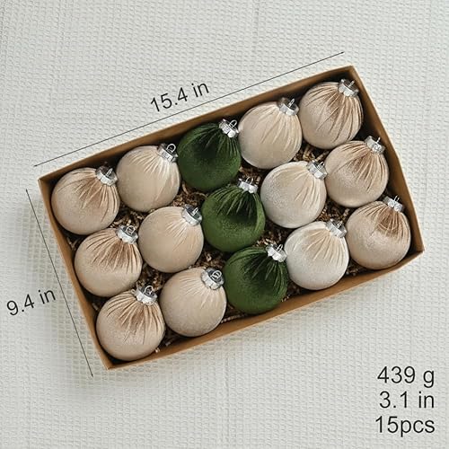 Miniatura 2 de Juego de 15 bolas de terciopelo de adorno de Navidad de 3.1 pulgadas, adornos de terciopelo beige neutro, para colgar en el árbol de Navidad,