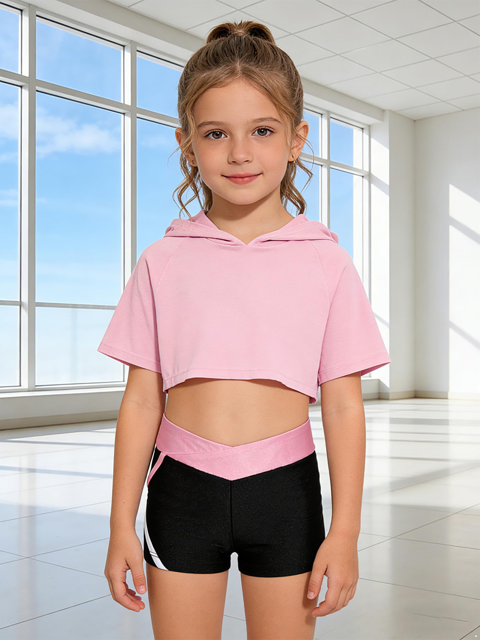 Oyolan Dziecięca dziewczyna zestaw sportowy krótki top bluza z kapturem podkoszulek fitness siłownia joga trening dres lato 5-16 lat
