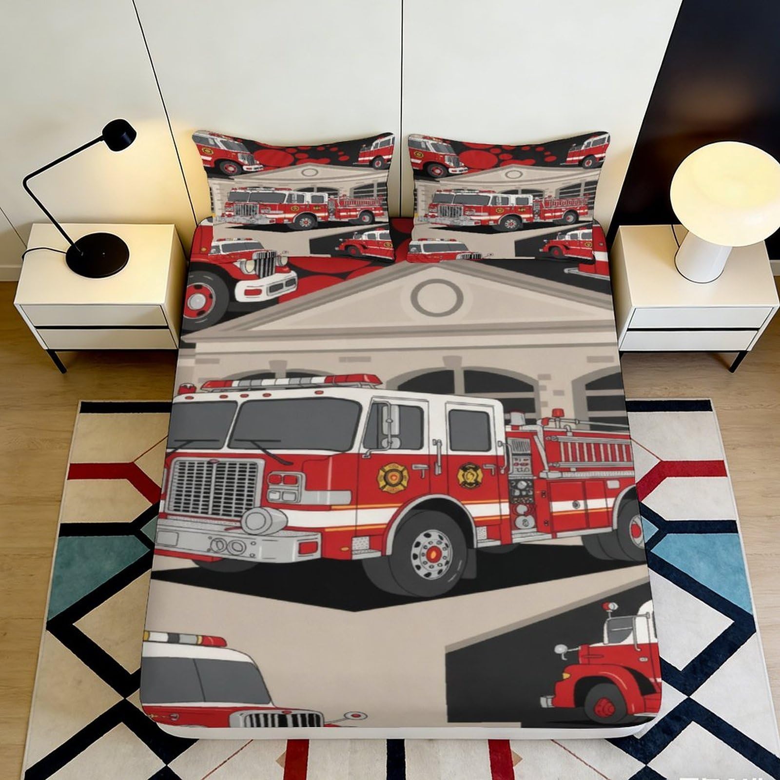 3D Printed Fire Truck Fitted Sheet Microfiber Durable Breathable Fire Engine Bed Cover for Bedroom Dormitory Guest Room Mattress Protection 120x200x25cm