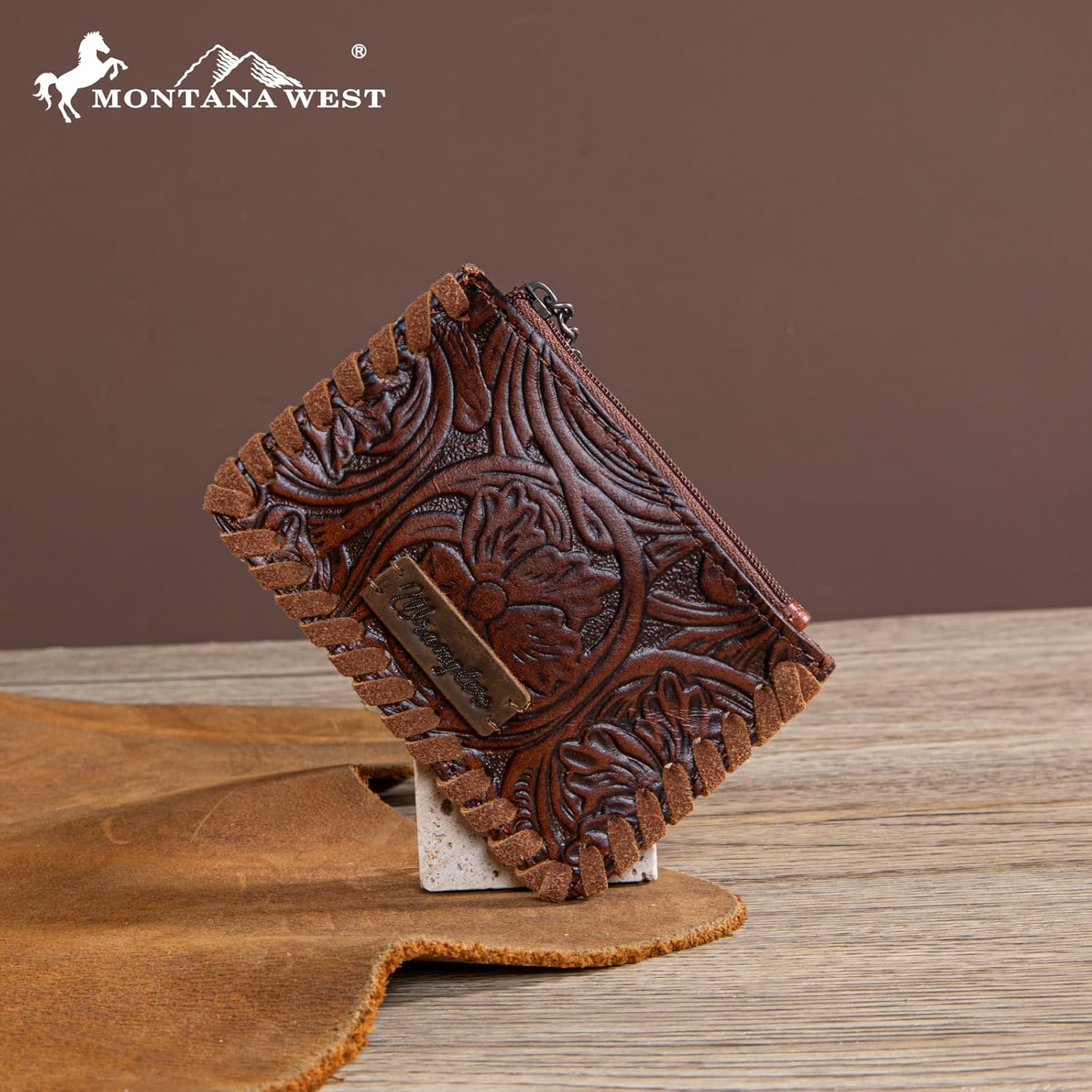 Montana West × Wrangler Leather Change Wallet with Keychain for Men Women Small Coin Pouch Western Design, Brown - Image 2