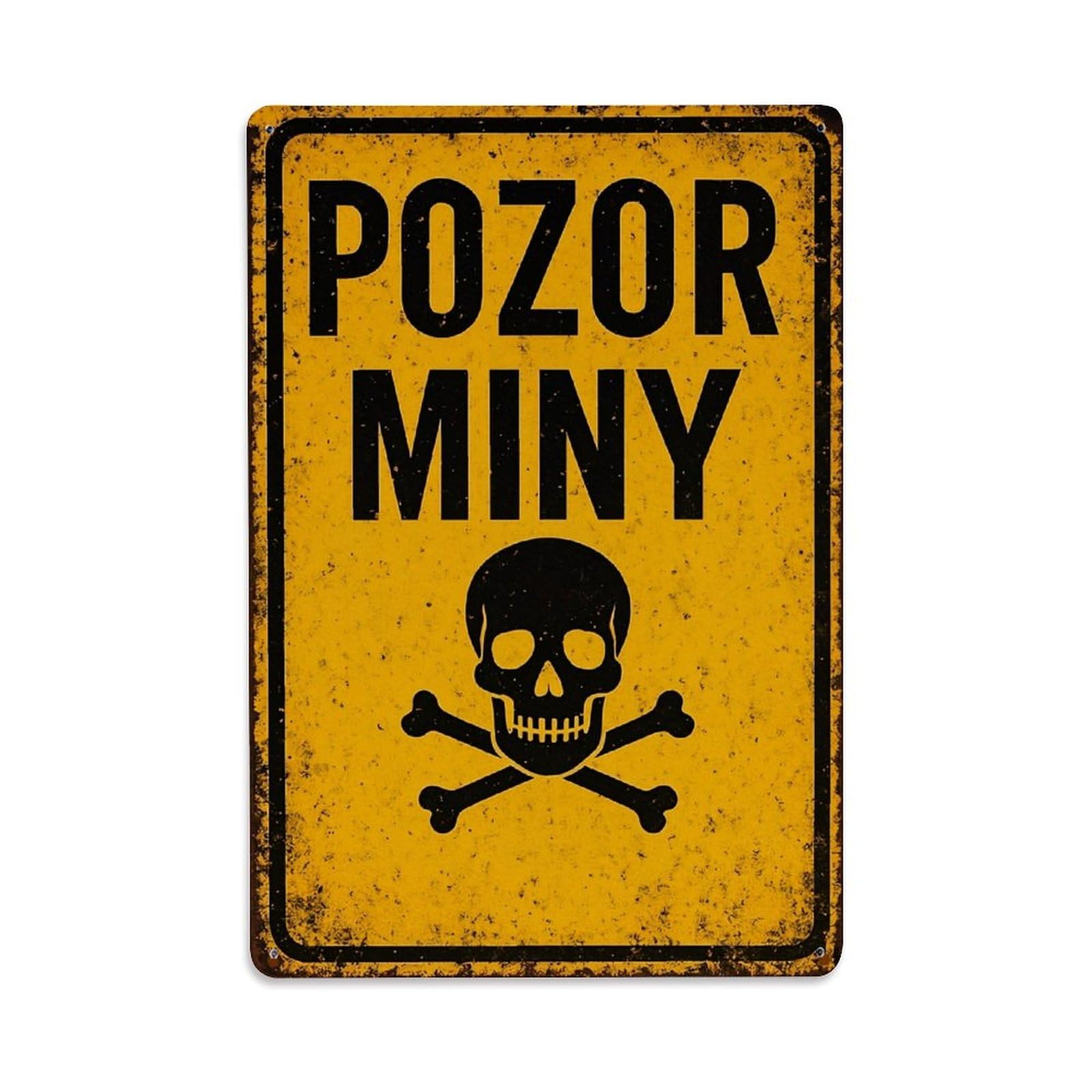Pozor Miny Skull Crossbones Warning Retro Metal Tin Sign, Vintage Decor Art Poster for Bar, Home, Man Cave, Kitchen, Laundry Room Gift 8x12Inch