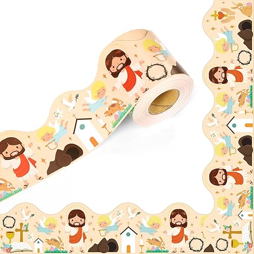 Miniatura 1 de Bordes de tablón de anuncios de Pascua, 65.6 pies, calcomanías para tablón de anuncios de Pascua de Jesús, borde enrollado para tablón de anuncios