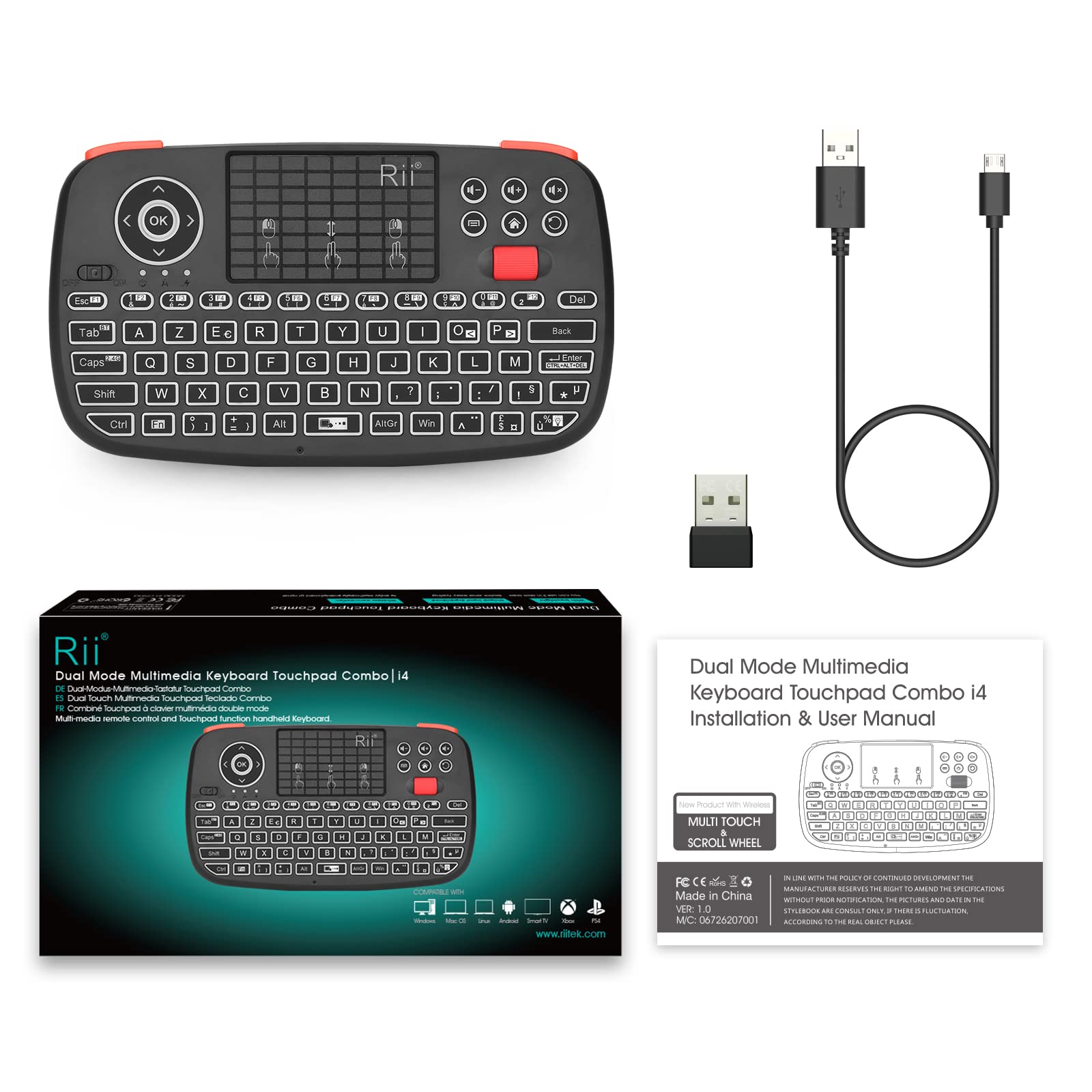 Rii i4 Mini Clavier sans Fil Bluetooth & 2.4 GHz (AZERTY) avec pavé Tactile, LED Backlit, Batterie Rechargeable pour iOS Windows Android tablettes, Raspberry Pi2, Linux et Ordinateur