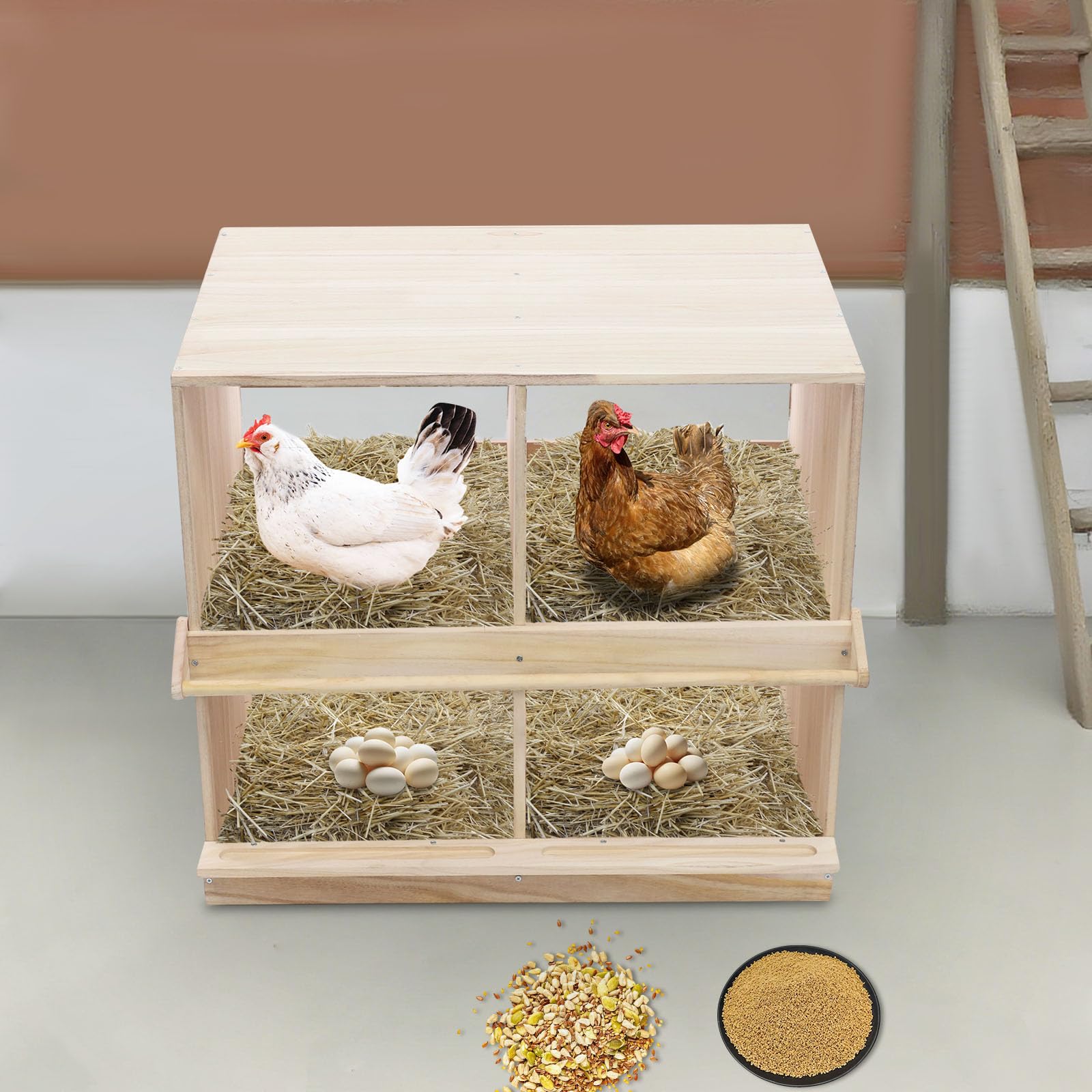 Legenester für Hühner 4 Abteile, Holz Hühnernest Hühnerstall Eiersammelboxen für Wandmontage, Holz Legenest Legebox (4 Abteile)
