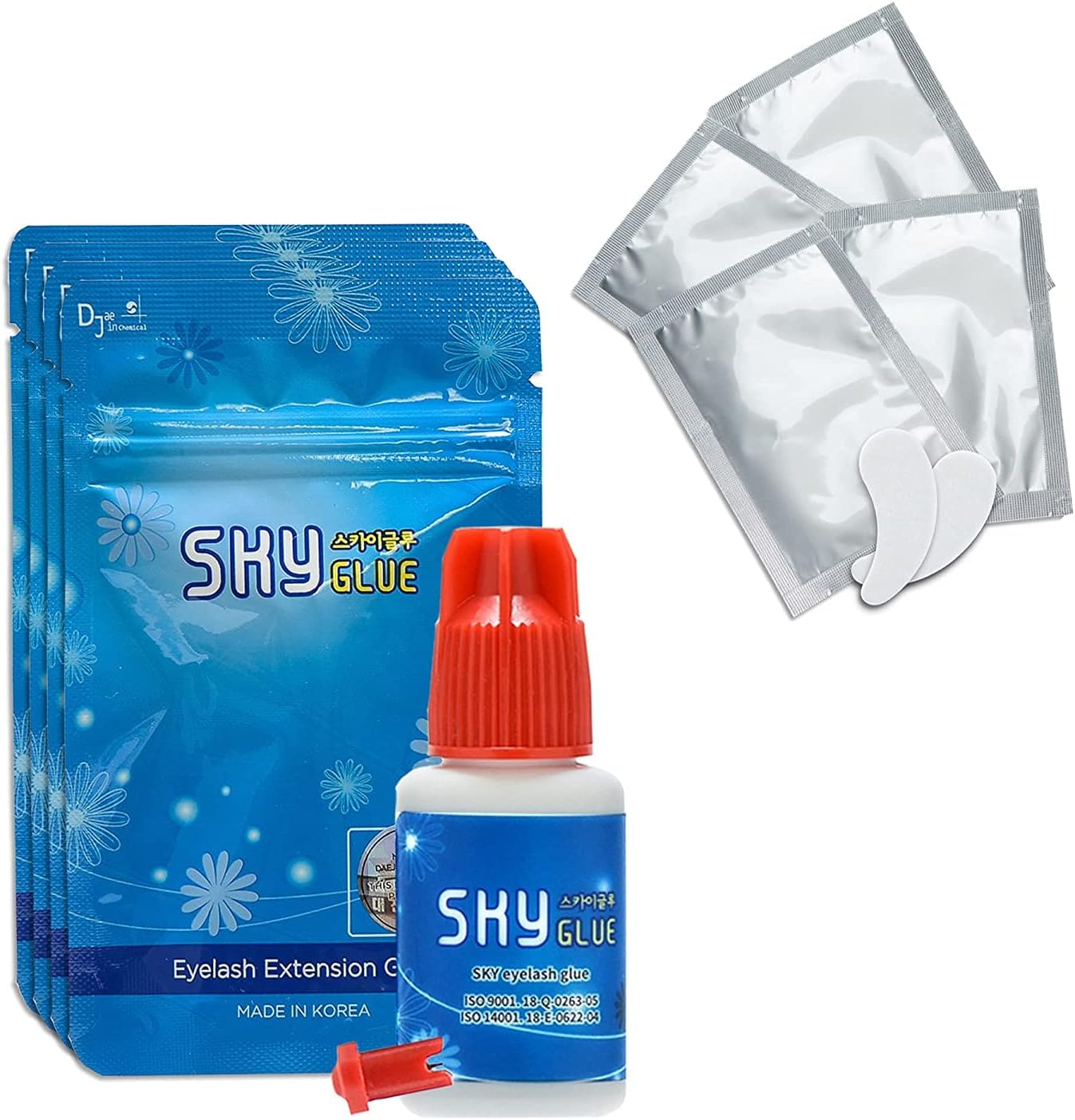 4 Bottles Long Retention Eyelash Extensions Glue Sky S+ 5ml Professional Black Eyelash Extension Adhesive 1-2s Fast Drying 6-8 Weeks Lasting time by KBS with 4 Eyepatches (FourFour Pack)