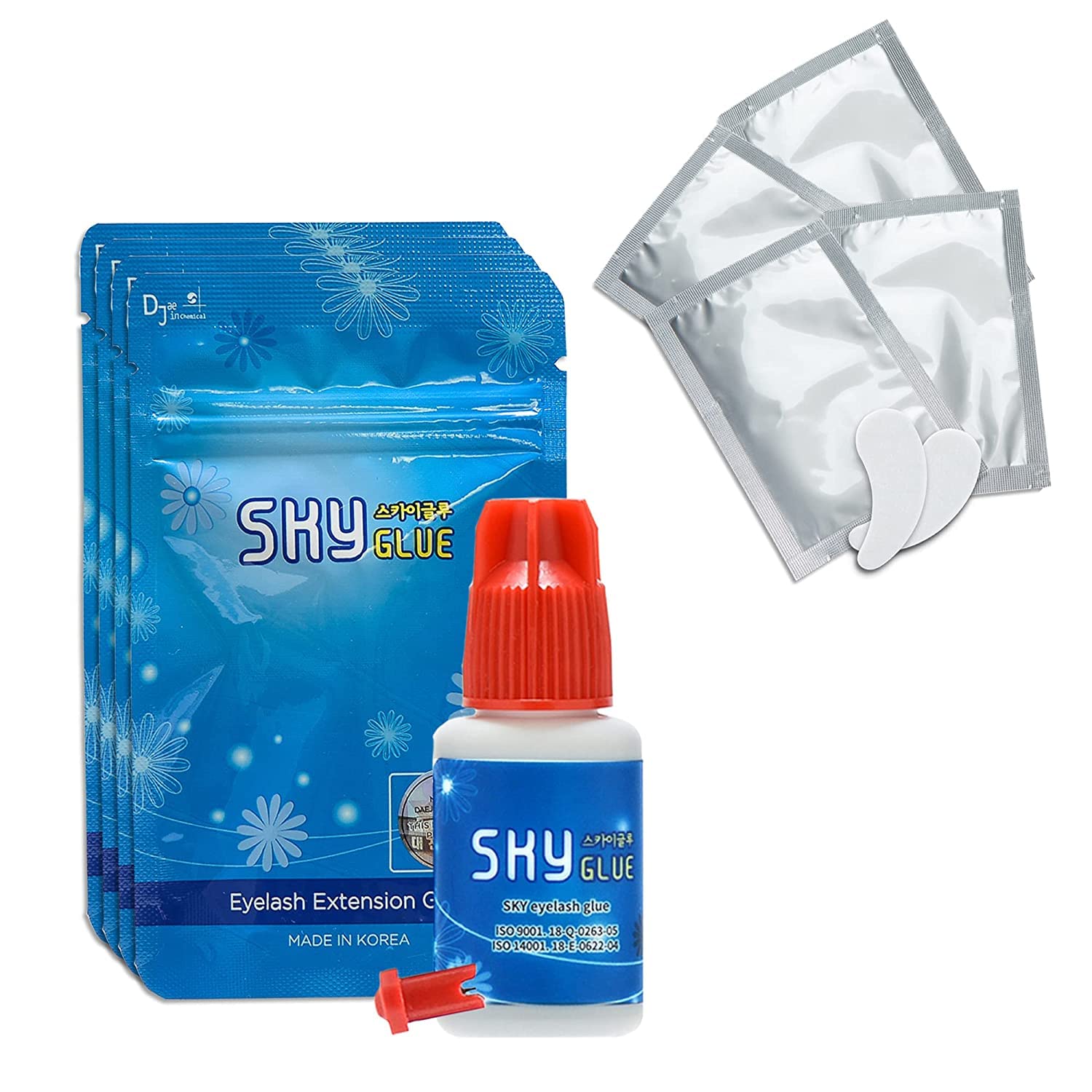 4 Bottles Long Retention Eyelash Extensions Glue Sky S+ 5ml Professional Black Eyelash Extension Adhesive 1-2s Fast Drying 6-8 Weeks Lasting time by KBS with 4 Eyepatches (FourFour Pack)