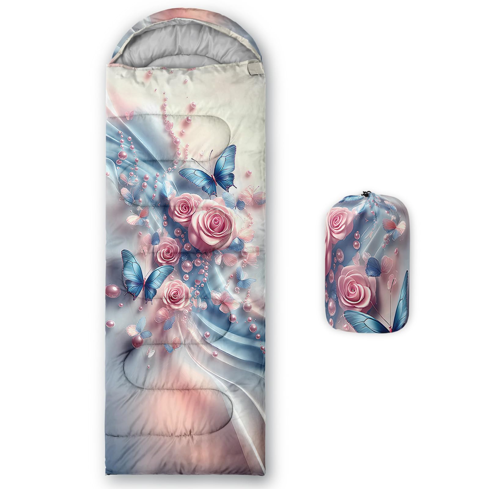 QOOMO Pink Flowers Waterproof Sleeping Bags for Adults & Kids,Printed Camping Sleeping Bags, 3 Season Warm & Cool Weather,Traveling,and Outdoors,Camping Gear Equipment,31x90inch