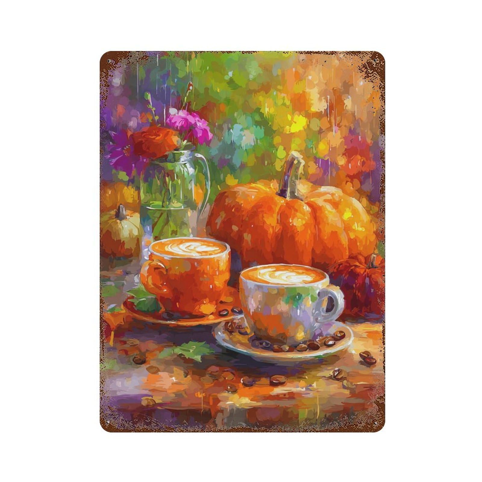Distressed Metal Wall Sign Autumn Pumpkin Latte Art 15.7"x11.8", Rustic Home Decor for Farmhouse, Kitchen And Entryway Decor