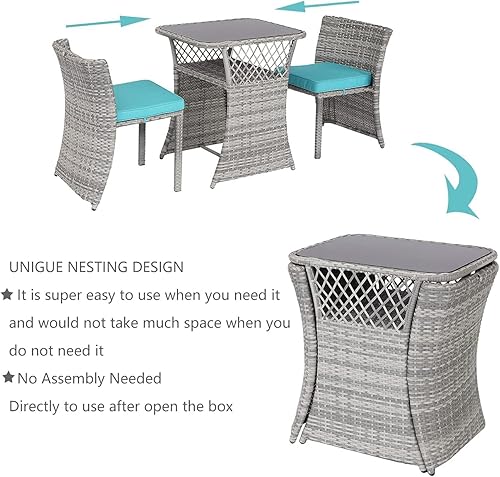 Miniatura 4 de yoyomax Juego de muebles de patio de 3 piezas, juego de bistró de mimbre de ratán PE con estante de almacenamiento, sillas de sofá de patio con mesa