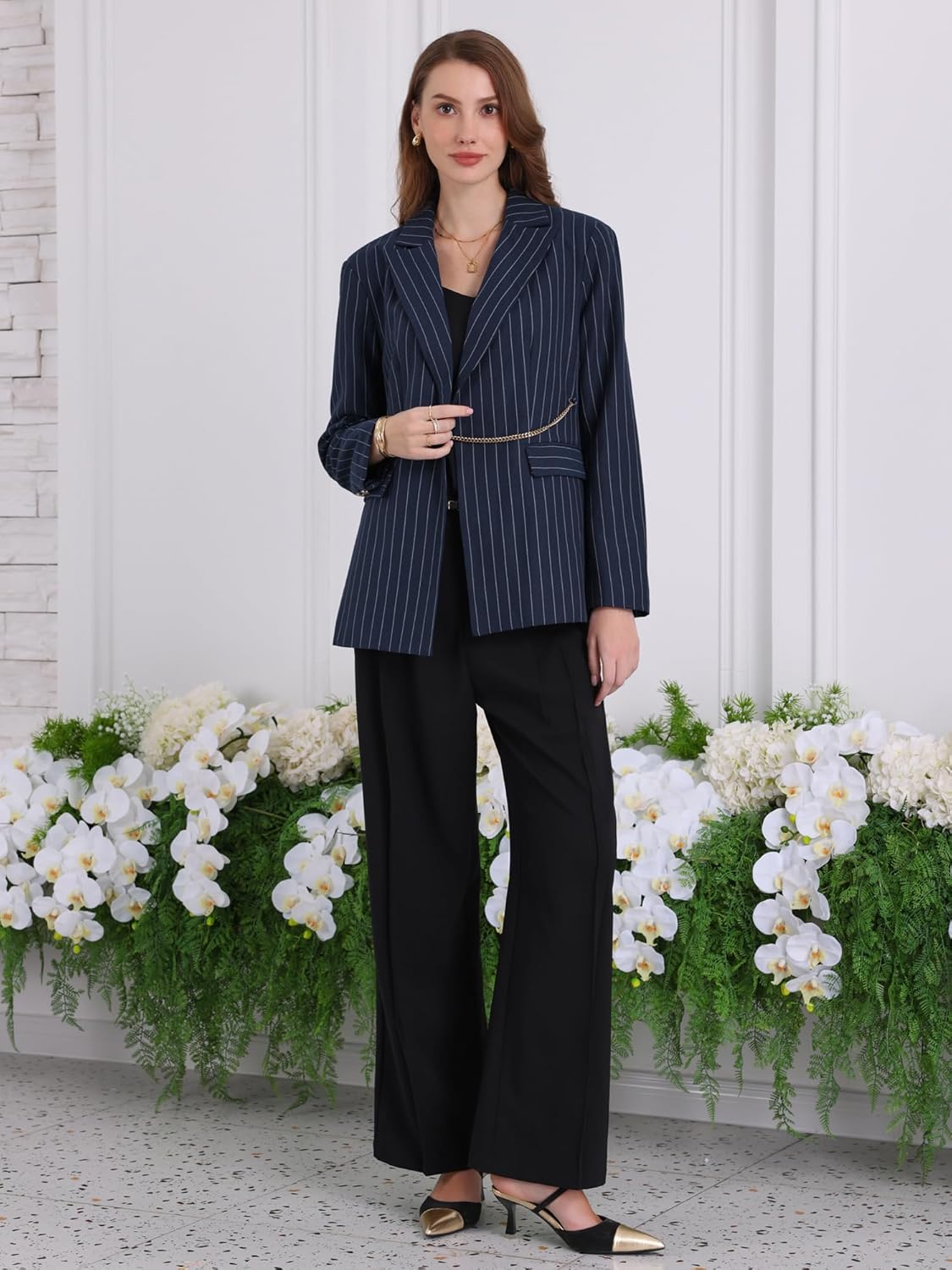 Women's Striped Blazers Lapel Collar Chain Decor Long Sleeve Work Office Jackets