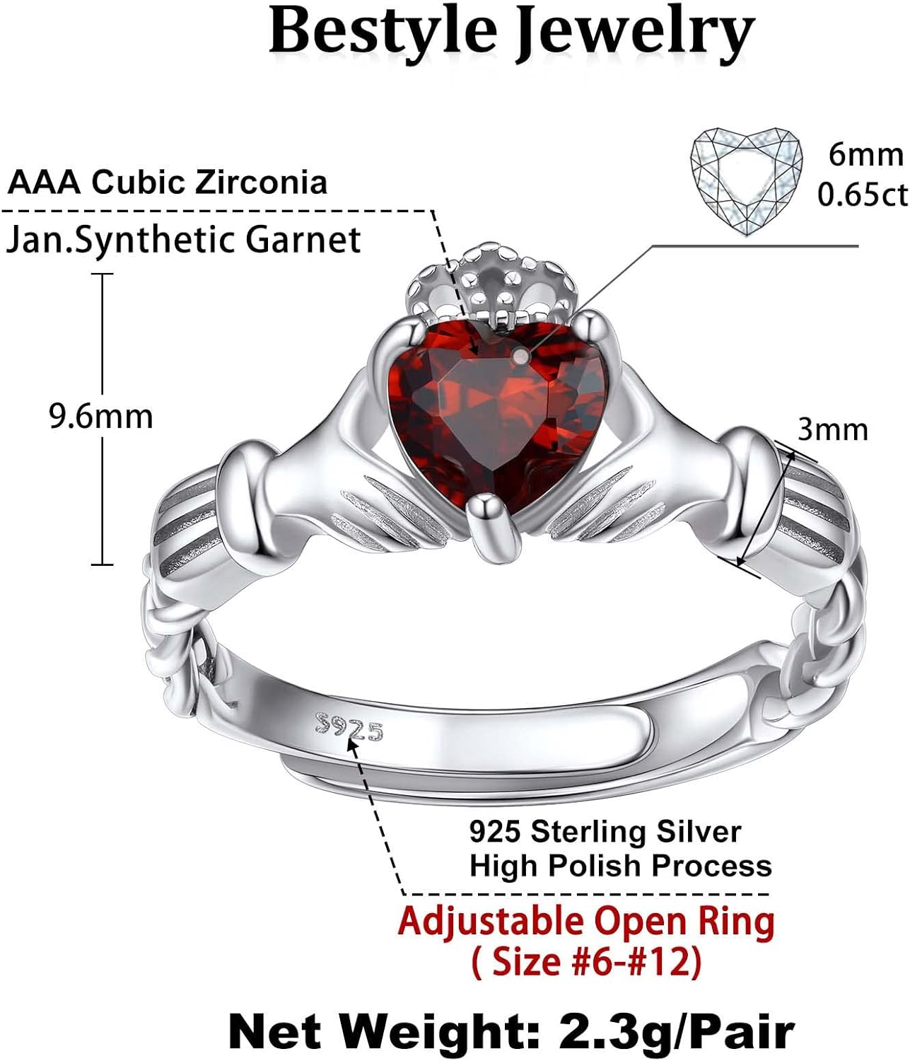 Bestyle Sterling Silver Celtic/Claddagh Birthstone Ring for Women, Hypoallergenic Celtic Silver Ring for Women, Adjustable Open Silver Thumb Ring, Love Promise Ring for Her, Great Birthday Gift - Image 6