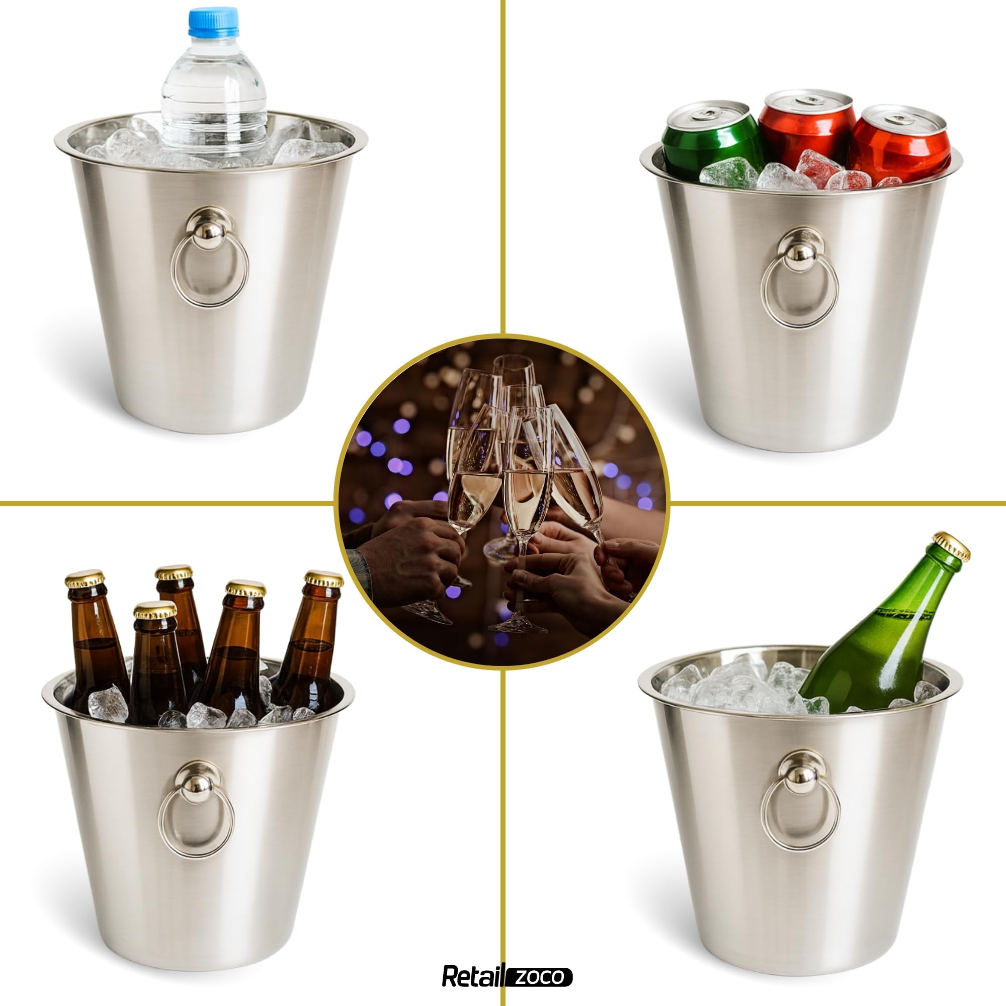 CHEFZOCO Champanera con asass, Cubitera Acero Inoxidable, Cubo de Champán, Enfriador de Botellas, Diámetro 22 cm, Altura 21 cm, Acero Inoxidable, Apto para Enfriar refrescos, champán, Vino, Cerveza