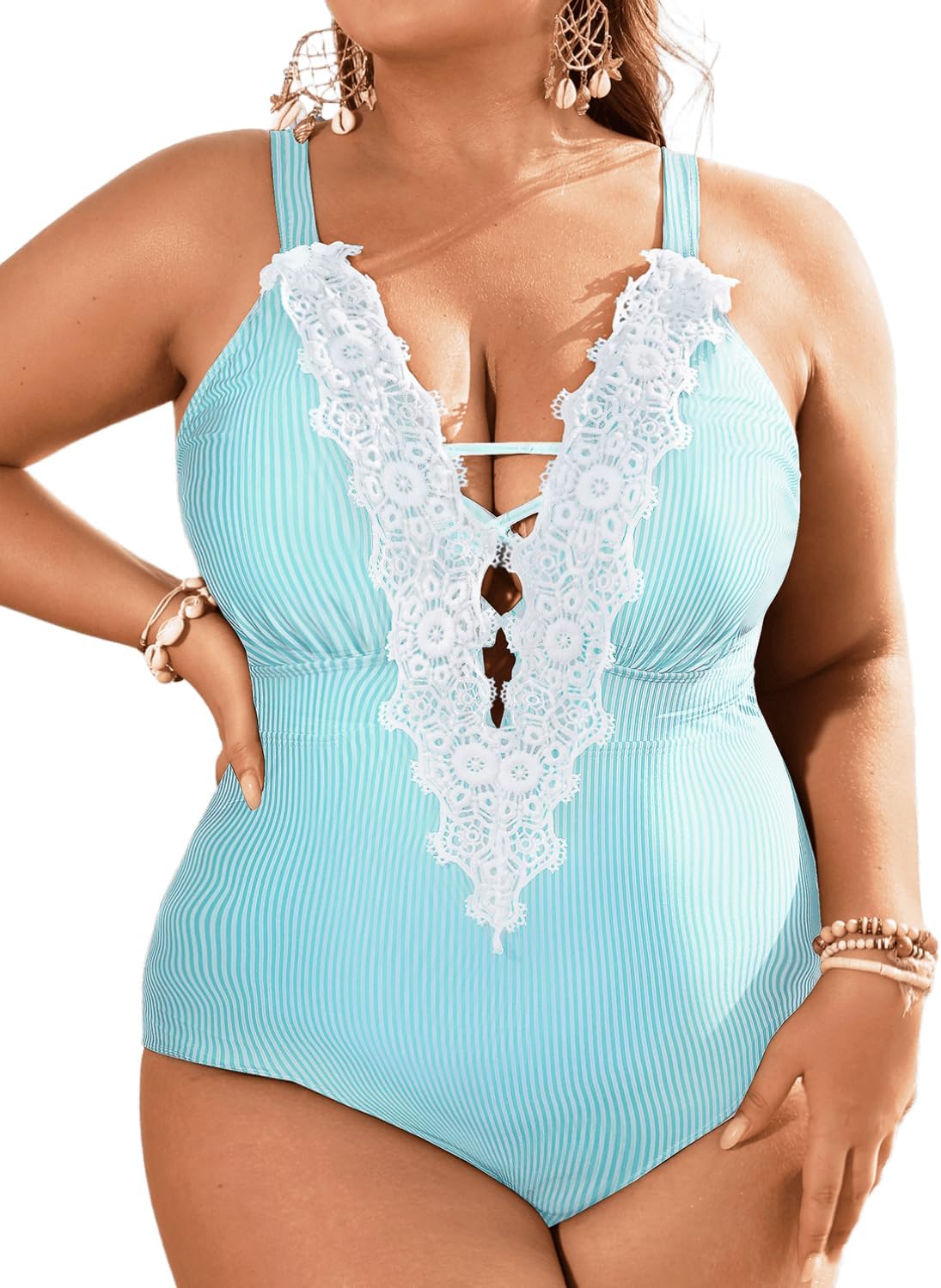 Daci Plus Size Plunge One Piece Swimsuits for Women Sexy Bathing Suits Lace Up Swimwear