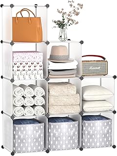 C&AHOME Cube Storage, 9-Cube Plastic Closet Cabinet Organizer, DIY Stackable Bookshelf, Modular shelving Units Ideal for Home, Office, Kids Room, 36.6"L x 12.4" W x 48.4" H Translucent White SBTM3009A