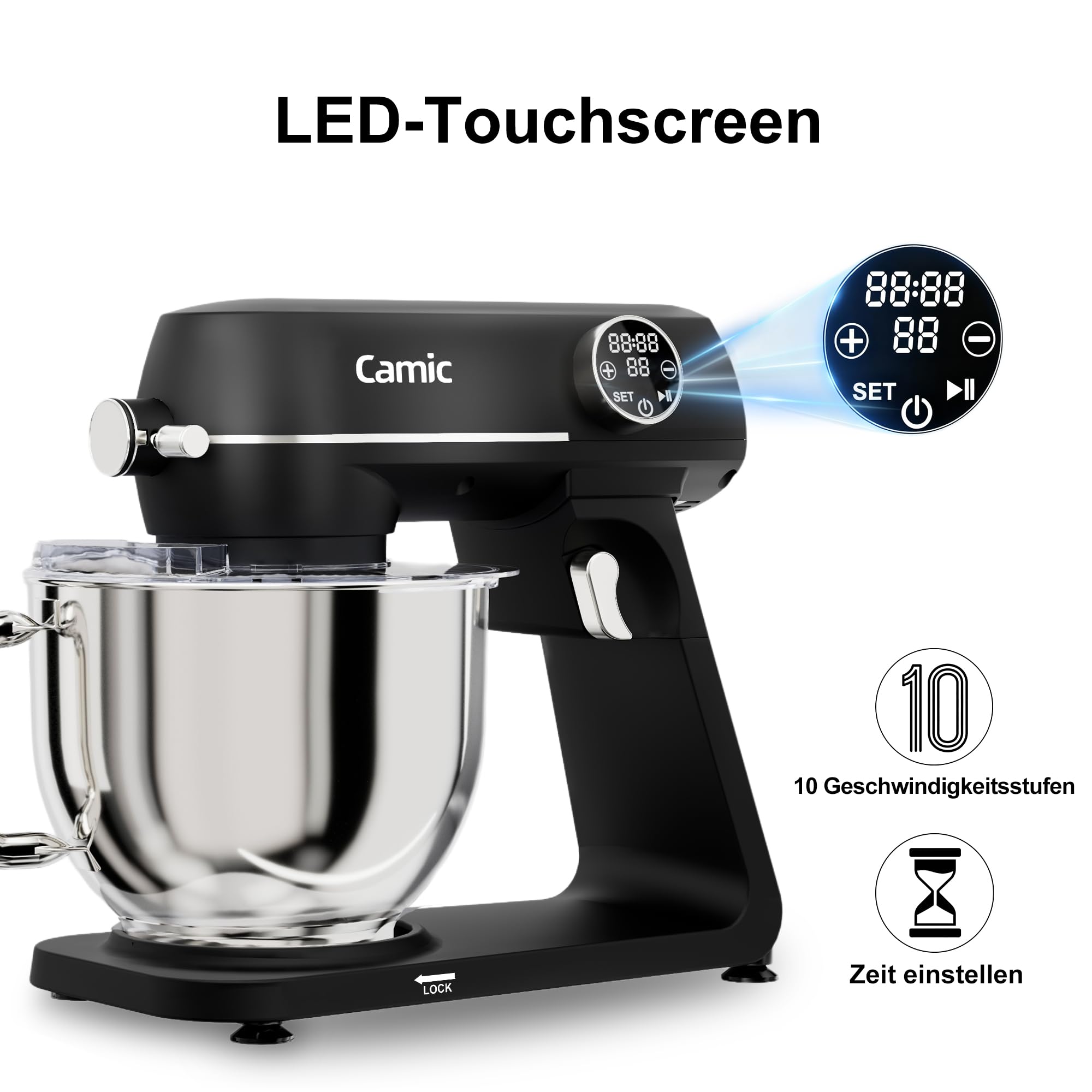 Camic Küchenmaschine 1800W, 8L Knetmaschine aus Vollmetall mit 10 Stufen, digitaler Touchscreen, Timer, Teigmaschine mit Schneebesen, Knethaken und Rührbesen zum Backen von Kuchen, Keksen und Brot