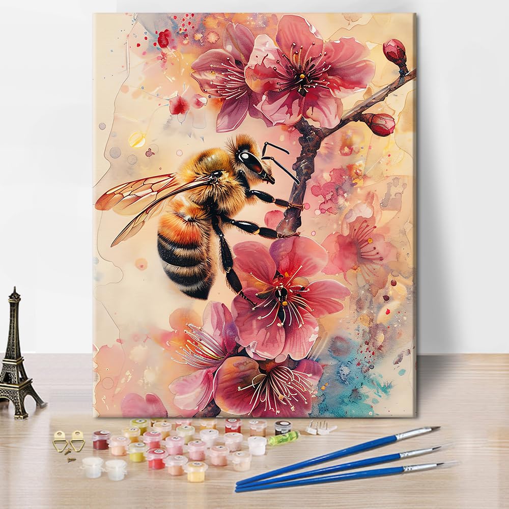 Adults Paint by Numbers Kit for Beginners Detailed Bee on Cherry Blossom Nature Paint by Numbers Kit for Adults Relaxing Spring Watercolor Style Art DIY Canvas Painting with Acrylic 16x20 Inch