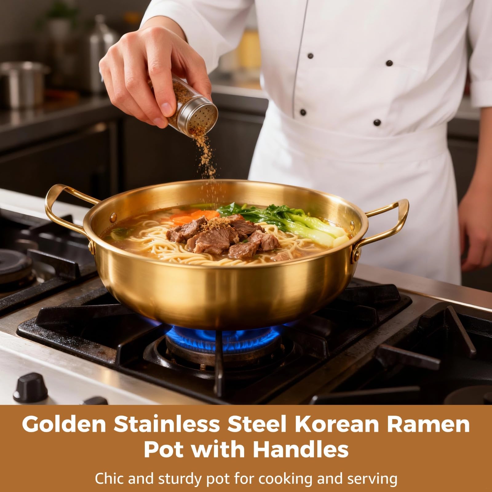 Koreanisches Ramen-Topf-Set, 4 Stück, goldene Edelstahltöpfe, stapelbar, 18 - 25,9 cm, für Suppe, Nudeln und Nudeln