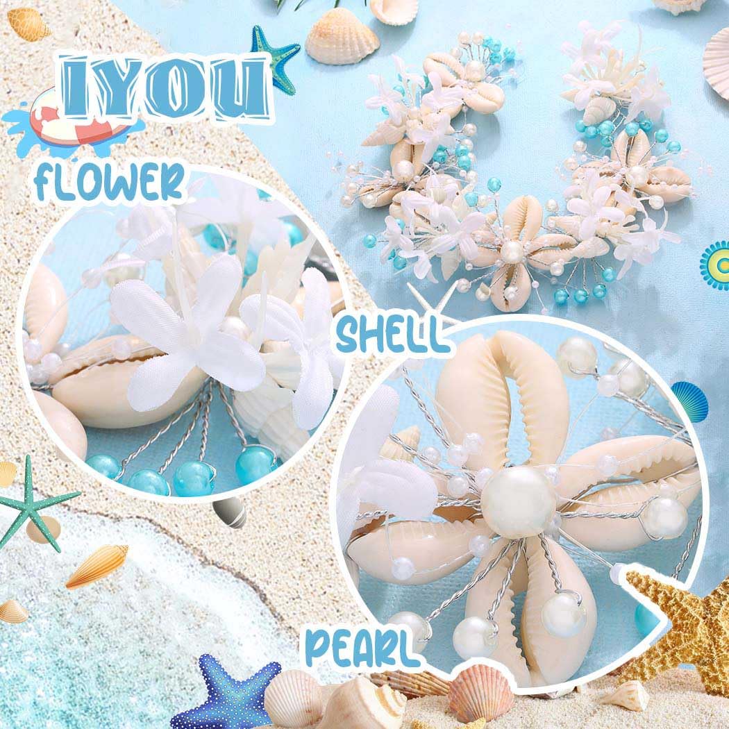 IYOU Seashell Wedding Hair Vine White Pearl Bridal Headbands Floral Mermaid Bride Hair Accessories for Women - Image 4
