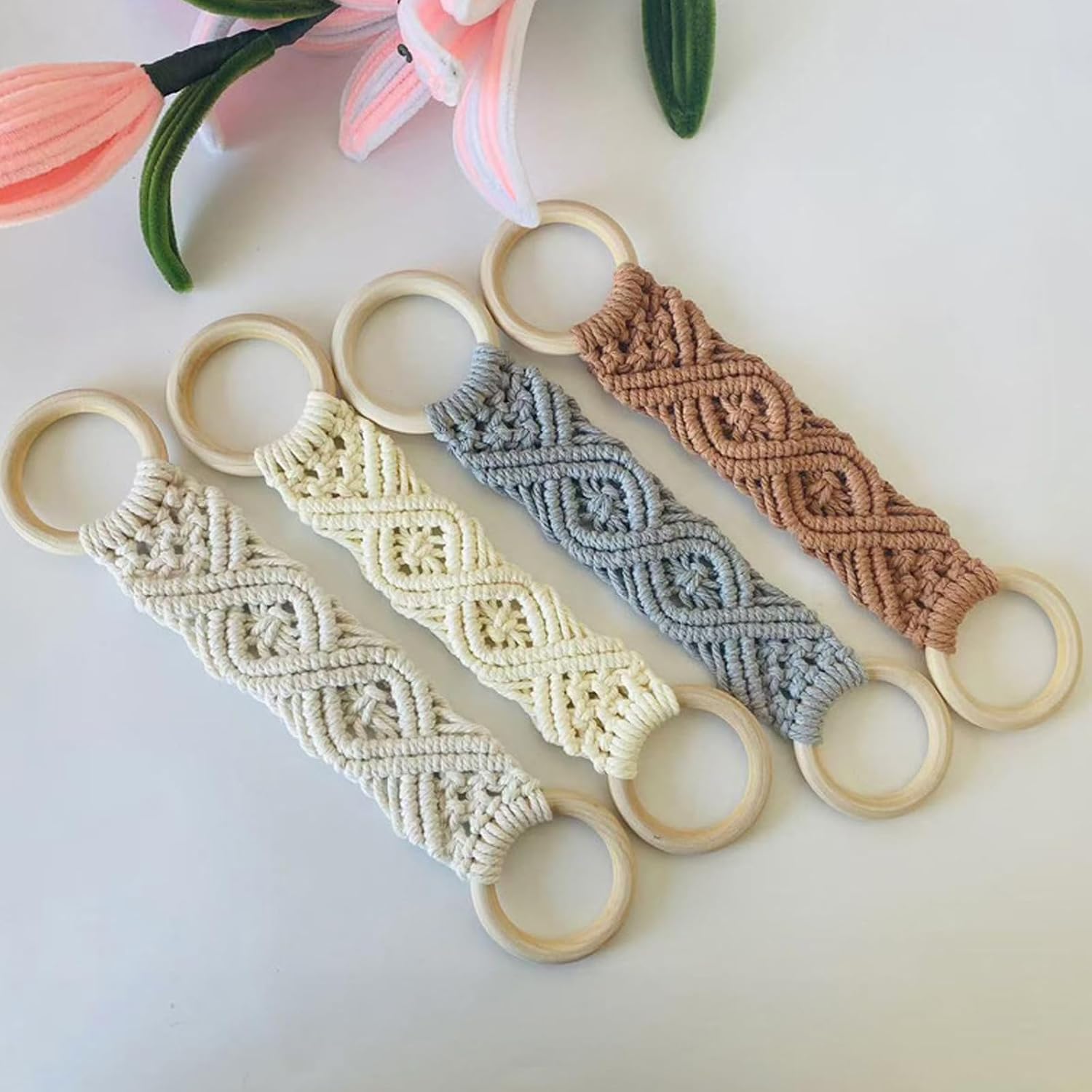 Kitchen Hand Towel Holder Woven Cotton Cord Wall Rack with Wood for Bathroom Decor and Daily Home Accent Woven Hand Towel Holder Wall Piece Bathroom Display Kitchen Rack Cotton Cord Wood Small