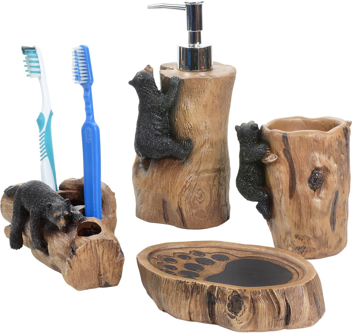BLACK FOREST DECOR Climbing Black Bears Bath Set – Rustic Lodge Polyresin Bathroom Accessories – Set of 4