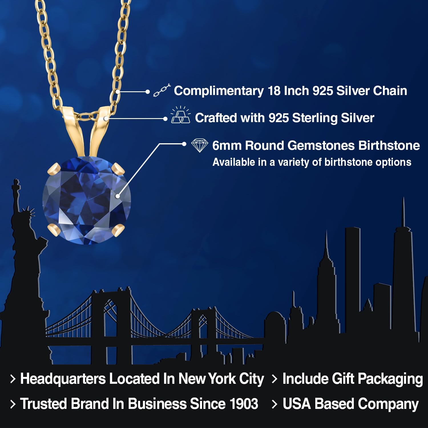 Gem Stone King 14K Yellow Gold Blue Created Sapphire Pendant Necklace for Women | 1.00 Cttw | Gemstone September Birthstone | Round 6MM | With 18 Inch Silver Chain - Image 2