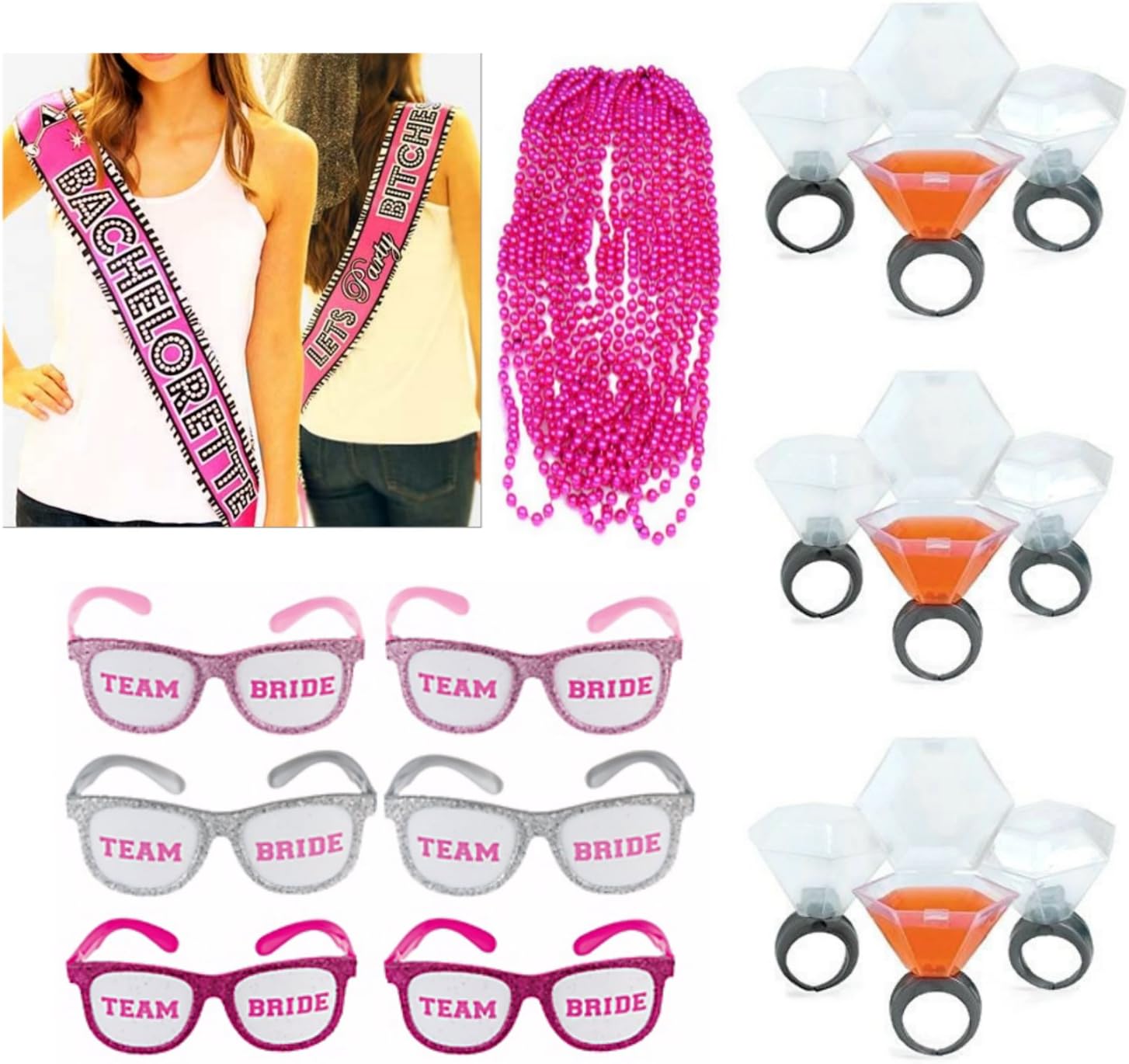 Ideas Bundle, Featuring Hot Pink Metallic Beads,Team Bride Sunglasses, Front and Back Print Bachelorette Sash, and Plastic Ring Shot Glass (Set of 31 Items)