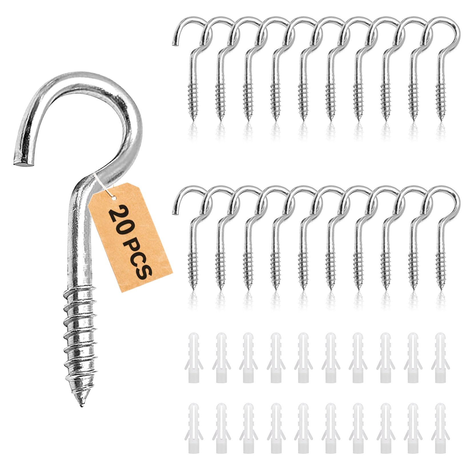 Forbabe Screw Hooks Small 304 Stainless Steel Pack of 20 Hook Screws with Thread Screw-In Hooks Ceiling Hooks Hooks for Screwing Thread Hooks M4-50 mm