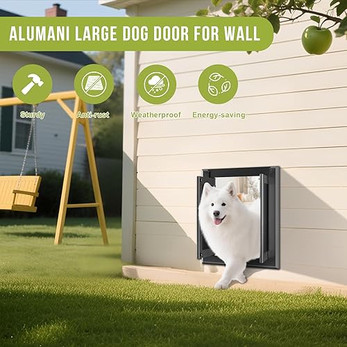 Miniatura 2 de Puerta para perro para pared, puerta grande resistente para perros con marco de aluminio y túnel telescópico, estilo francés con solapas magnéticas,