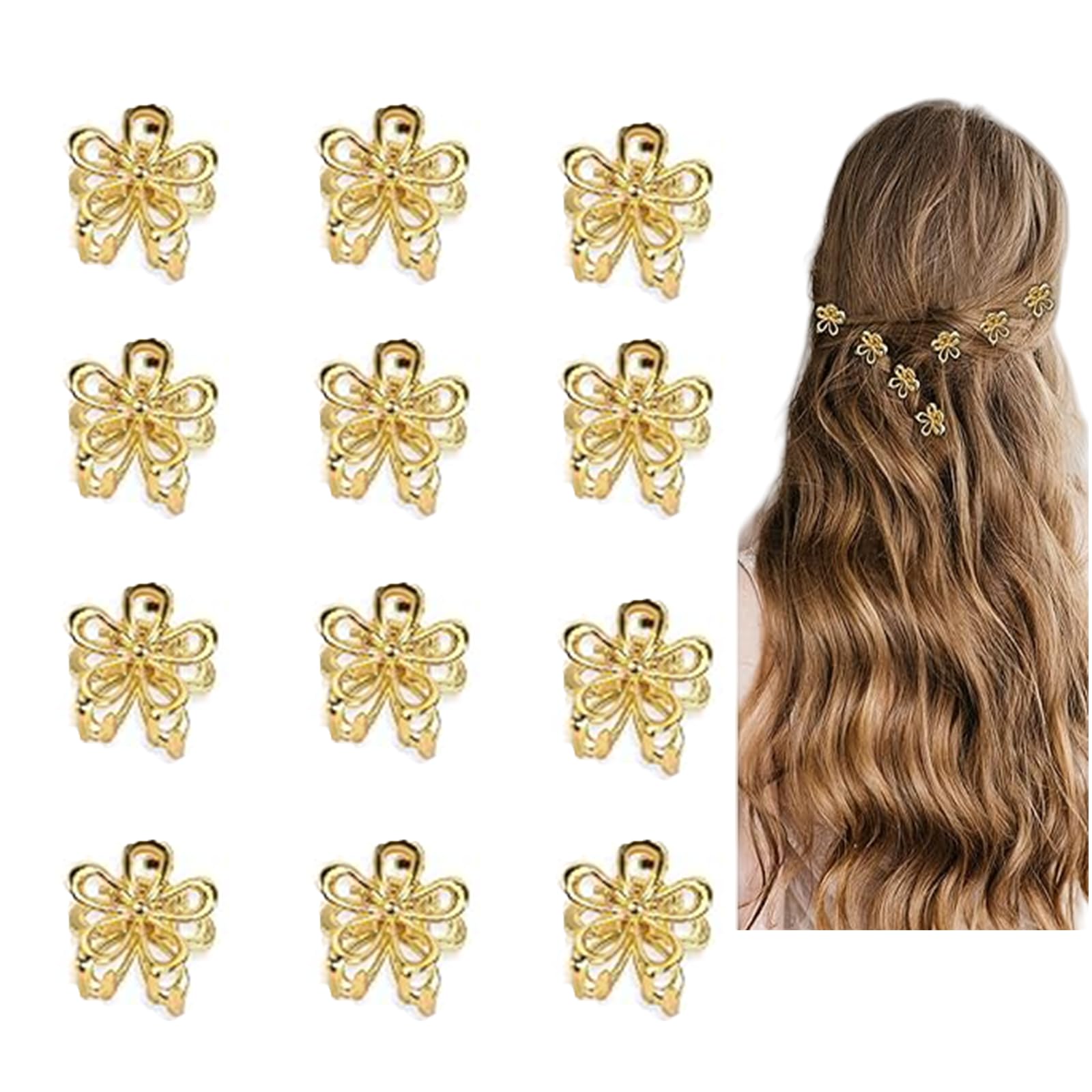 YFelomatric 12 mini horquillas para el pelo, flores doradas, bonitas pinzas para el pelo, pequeñas pinzas para el pelo de flores, accesorios para el cabello para mujeres y niñas