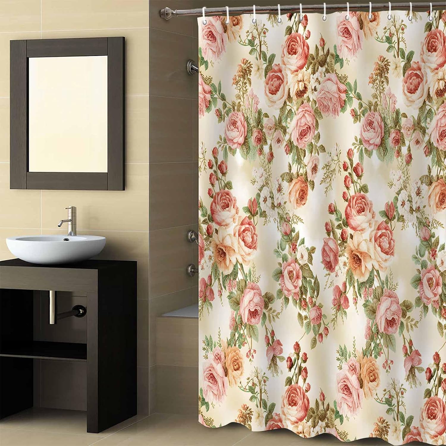 Vintage Roses Shower Curtain 72" W x 72" L Retro Floral Rustic Flowers Fabric Shower Curtains Set with Hooks Water Repellent Bathroom Curtains Machine Washable Bathroom Accessories
